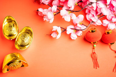 High angle view of red roses on table