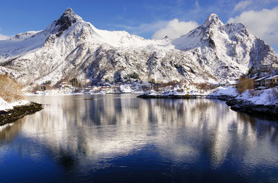 Scenic view of snowcapped mountains against sky