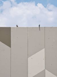 Low angle view of birds perching on wall against cloudy sky