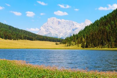 Scenic view of lake and mountains against sky