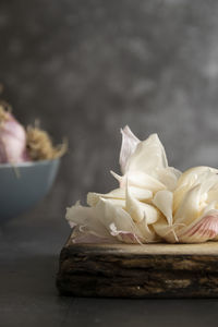 Close-up of white rose on table