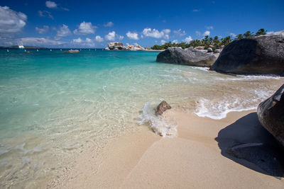 Low section of person on beach against blue sky