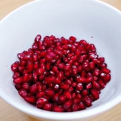 High angle view of raspberries in bowl