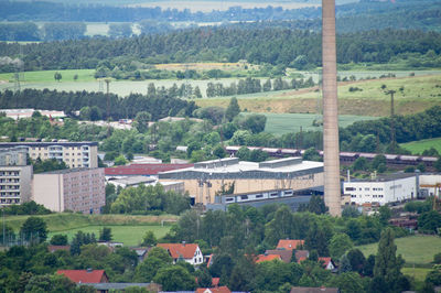 High angle view of houses in town