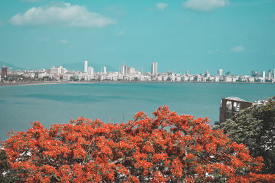 View of city by sea against sky