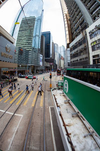 View of city street and modern buildings