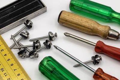 High angle view of objects on table