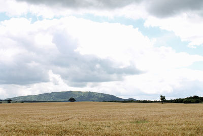 Scenic view of field against cloudy sky