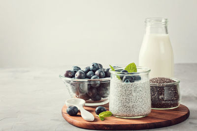 Breakfast on table against white background