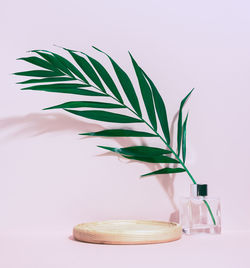 A round wooden platform for displaying cosmetic products and a glass vase with a green palm leaf on 