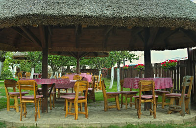 Empty chairs and tables in cafe