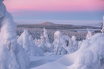 Panoramic view of snow covered landscape against sky during sunset