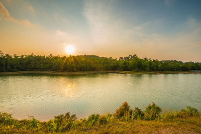 Scenic view of lake against sky during sunset