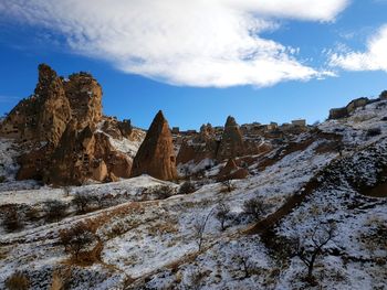 Scenic view of rocks in winter against sky