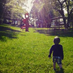 Rear view of boy playing on playground