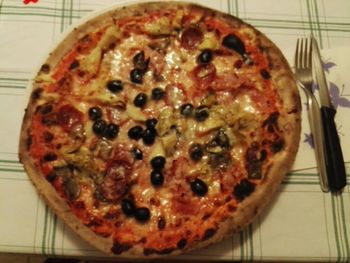 High angle view of pizza on table