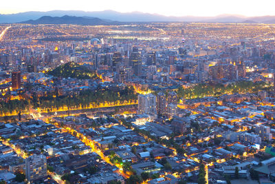 High angle view of illuminated cityscape