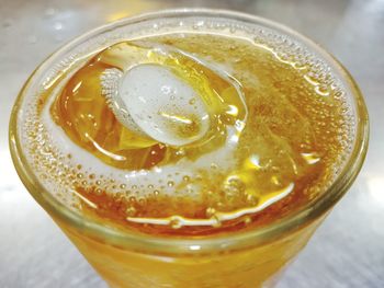 High angle view of ice cream in glass on table