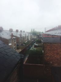 High angle view of buildings in city against sky