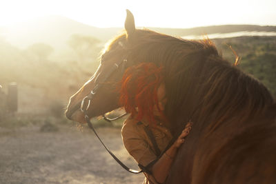 Woman embracing horse on land during sunset