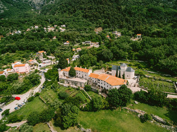 High angle view of buildings in town