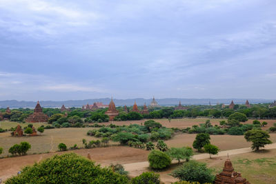 High angle view of historic temples at bagan archaeological zone