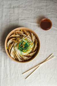 High angle view of food in bowl on table