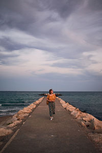 Rear view of man on beach against sky