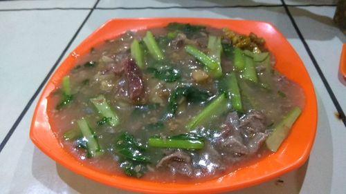 High angle view of soup in bowl on table