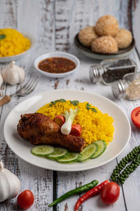 High angle view of food in plate on table