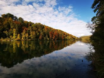 Reflection of trees in lake against sky during autumn