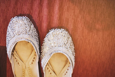 High angle view of shoes on wood