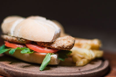 Close-up of burger in plate on table