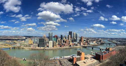 City at waterfront against cloudy sky