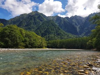 Scenic view of river by mountains against sky