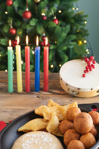 High angle view of christmas decorations on table