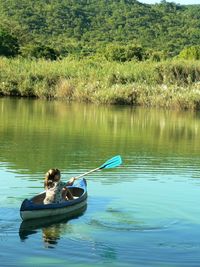 Boats in calm lake