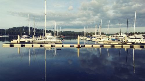 Boats moored at harbor