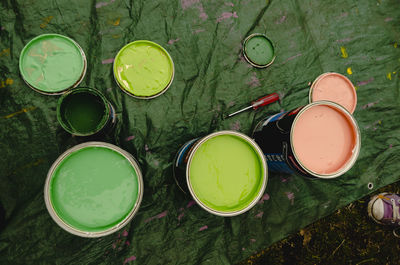 High angle view of various eggs in container