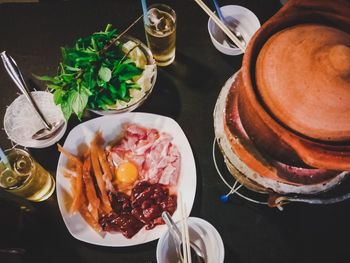 High angle view of food served on table