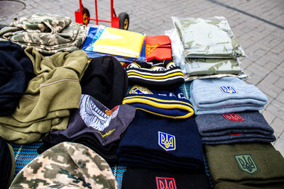 High angle view of clothes drying on bed