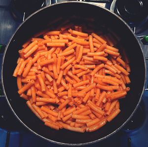 High angle view of chopped meat in cooking pan