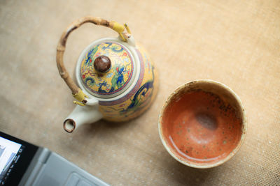 High angle view of tea on table