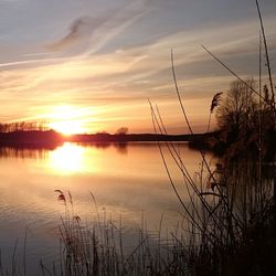 Scenic view of lake at sunset