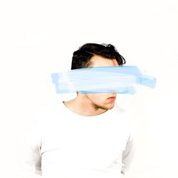 Digital composite image of man against white background