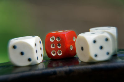 Close-up of dices on table