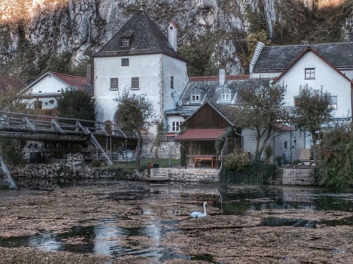 architecture, building exterior, built structure, water, house, tree, residential structure, residential building, canal, waterfront, reflection, river, town, day, building, outdoors, no people, nature, old, lake