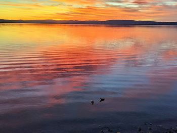 Scenic view of lake against orange sky