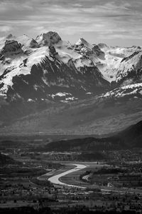 Scenic view of snowcapped mountains against sky