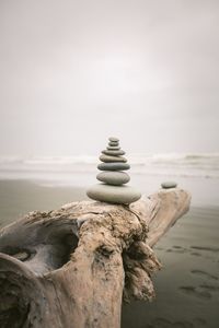 Stacked pebbles on driftwood at beach against sky